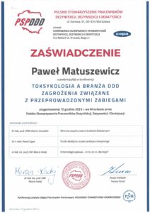 55. ZAŚWIADCZENIE UCZESTNICTWA W KONFERENCJI TOKSYKOLOGIA A BRANŻA DDD ZAGROŻENIE ZWIĄZANE Z PRZEPRO_000272