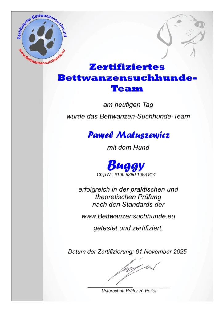 Certyfikat psa tropiącego pluskwy domowe
